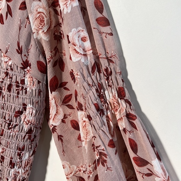 AMERICAN EAGLE Peasant Blush Pink/Wine Floral Smock Long SLV Boho/Cottage Top L - Picture 4 of 16